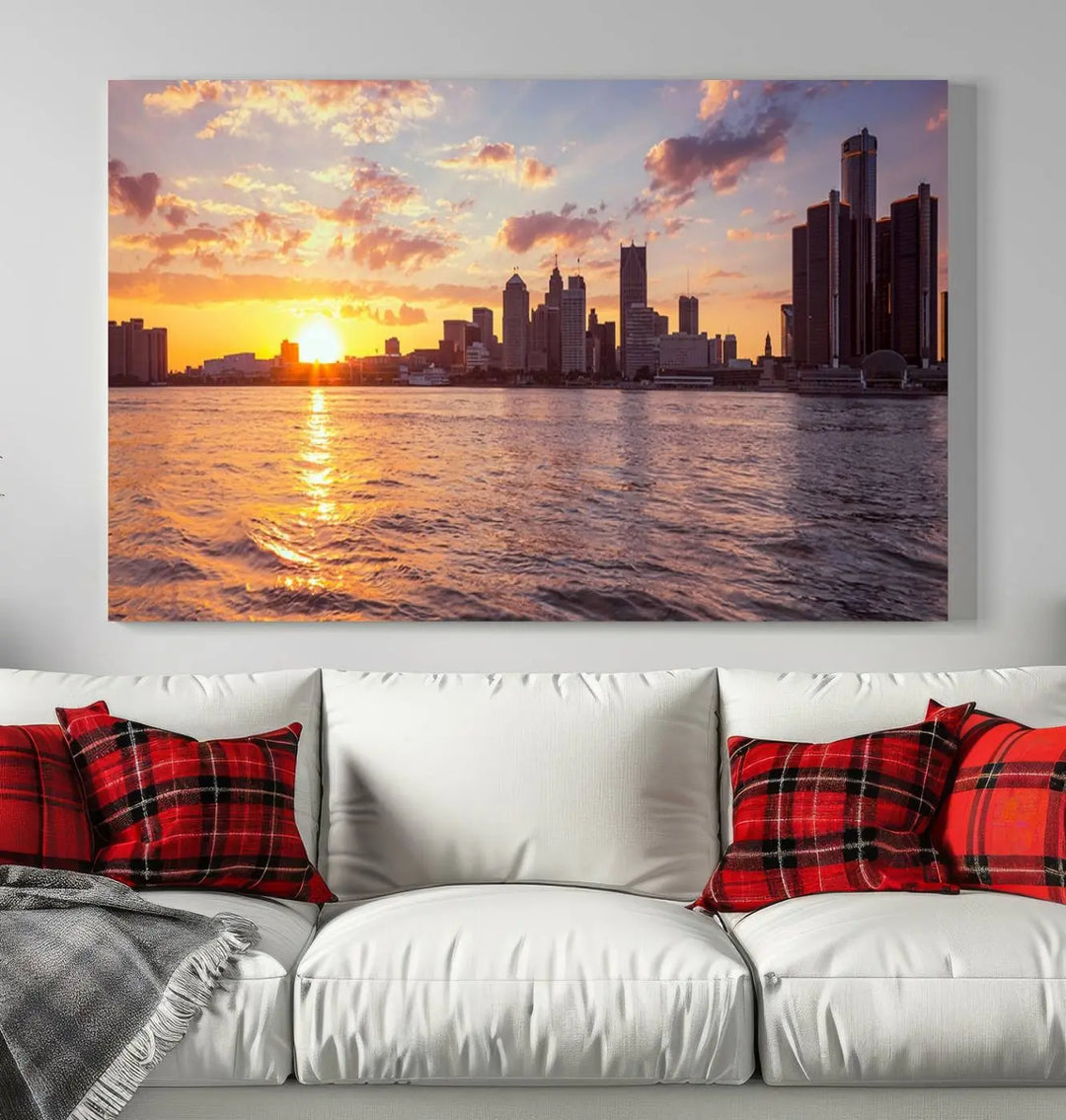 The Detroit City Sunset Skyline Cityscape View Wall Art Canvas Print, featuring a UV-protective coating, beautifully depicts a city skyline at sunset over a river. Enjoy free shipping on these museum-quality canvases, ideal for elevating your living space.