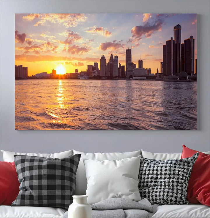 The Detroit City Sunset Skyline Cityscape View Wall Art Canvas Print, featuring a UV-protective coating, beautifully depicts a city skyline at sunset over a river. Enjoy free shipping on these museum-quality canvases, ideal for elevating your living space.