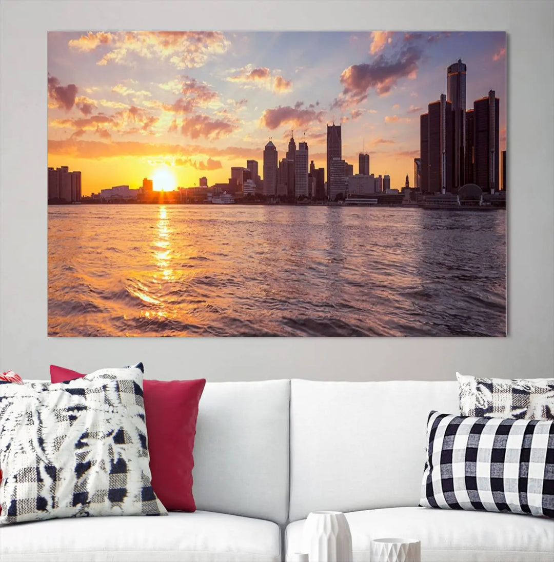 The Detroit City Sunset Skyline Cityscape View Wall Art Canvas Print, featuring a UV-protective coating, beautifully depicts a city skyline at sunset over a river. Enjoy free shipping on these museum-quality canvases, ideal for elevating your living space.