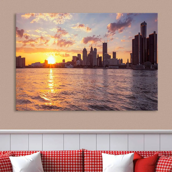 The Detroit City Sunset Skyline Cityscape View Wall Art Canvas Print, featuring a UV-protective coating, beautifully depicts a city skyline at sunset over a river. Enjoy free shipping on these museum-quality canvases, ideal for elevating your living space.