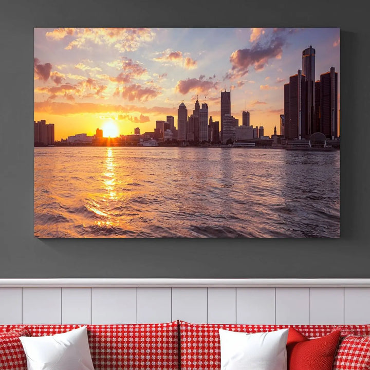 The Detroit City Sunset Skyline Cityscape View Wall Art Canvas Print, featuring a UV-protective coating, beautifully depicts a city skyline at sunset over a river. Enjoy free shipping on these museum-quality canvases, ideal for elevating your living space.