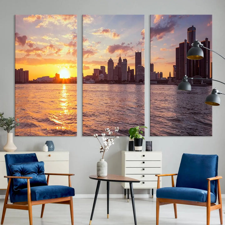 The Detroit City Sunset Skyline Cityscape View Wall Art Canvas Print, featuring a UV-protective coating, beautifully depicts a city skyline at sunset over a river. Enjoy free shipping on these museum-quality canvases, ideal for elevating your living space.