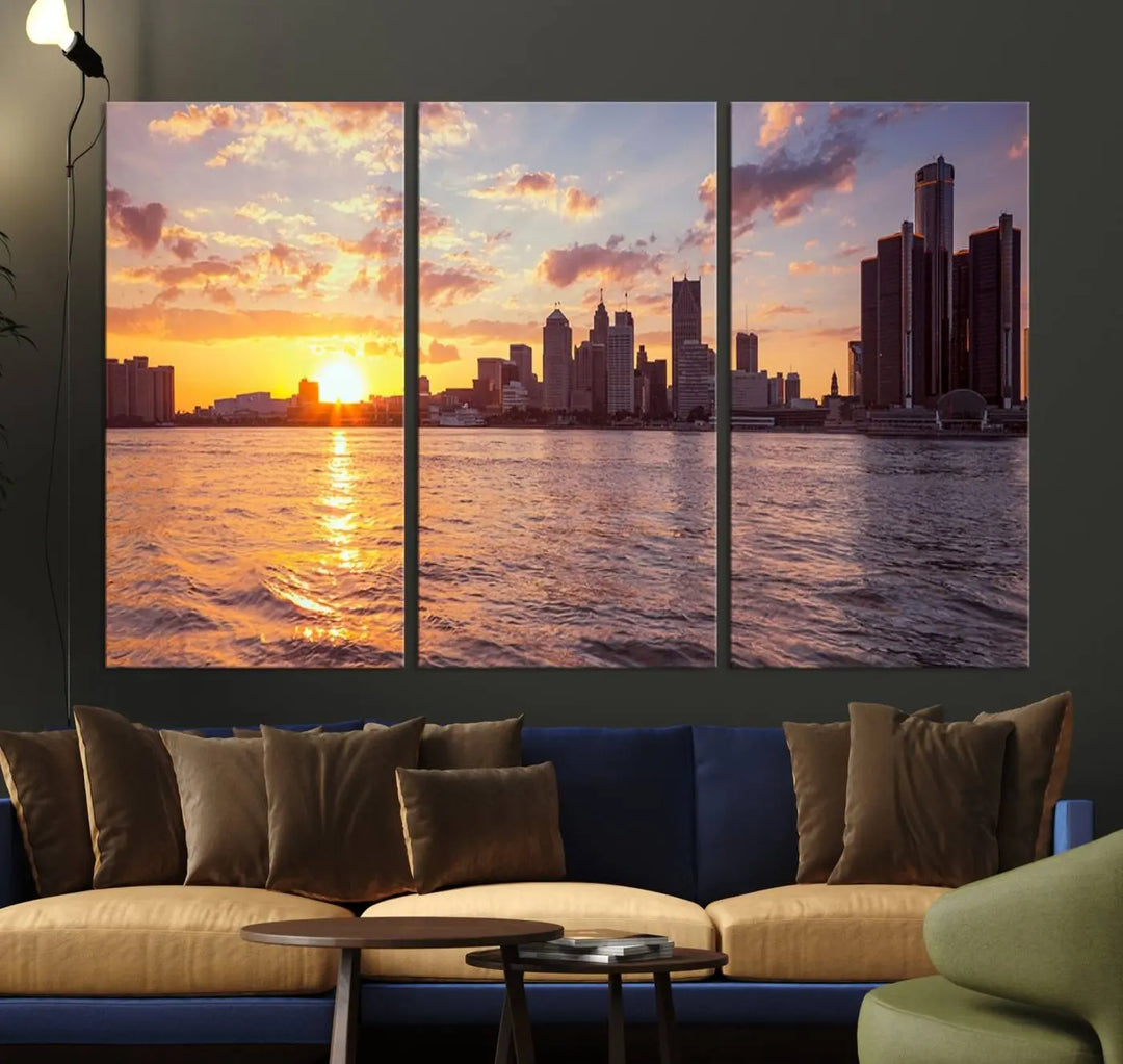 The Detroit City Sunset Skyline Cityscape View Wall Art Canvas Print, featuring a UV-protective coating, beautifully depicts a city skyline at sunset over a river. Enjoy free shipping on these museum-quality canvases, ideal for elevating your living space.