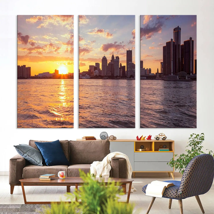 The Detroit City Sunset Skyline Cityscape View Wall Art Canvas Print, featuring a UV-protective coating, beautifully depicts a city skyline at sunset over a river. Enjoy free shipping on these museum-quality canvases, ideal for elevating your living space.