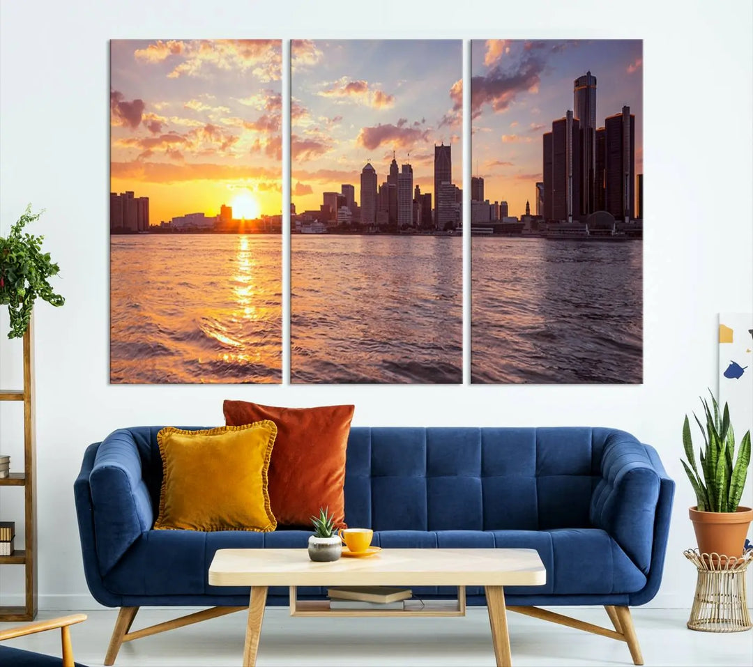 The Detroit City Sunset Skyline Cityscape View Wall Art Canvas Print, featuring a UV-protective coating, beautifully depicts a city skyline at sunset over a river. Enjoy free shipping on these museum-quality canvases, ideal for elevating your living space.