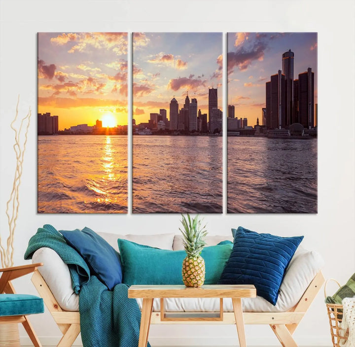 The Detroit City Sunset Skyline Cityscape View Wall Art Canvas Print, featuring a UV-protective coating, beautifully depicts a city skyline at sunset over a river. Enjoy free shipping on these museum-quality canvases, ideal for elevating your living space.