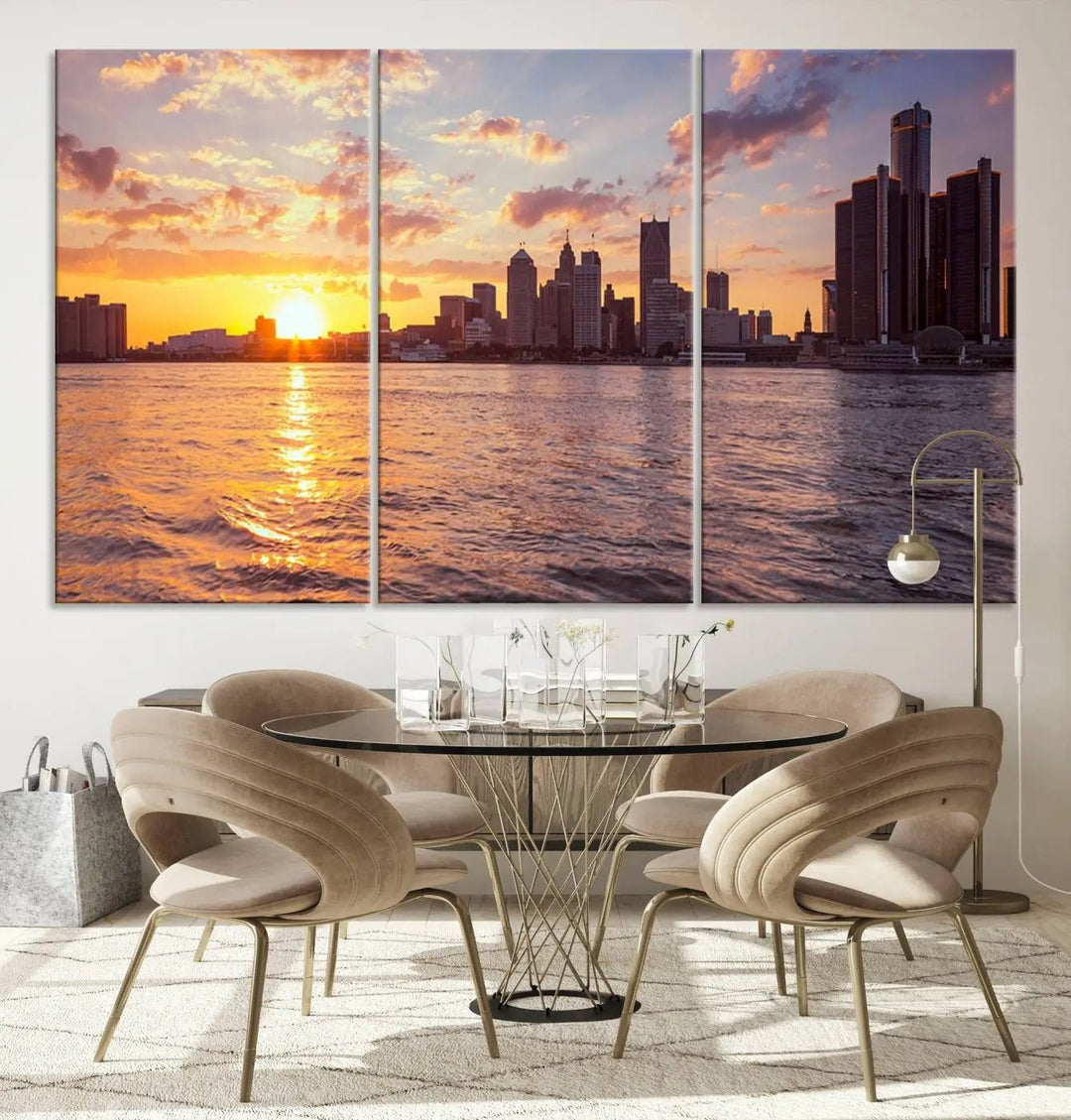 The Detroit City Sunset Skyline Cityscape View Wall Art Canvas Print, featuring a UV-protective coating, beautifully depicts a city skyline at sunset over a river. Enjoy free shipping on these museum-quality canvases, ideal for elevating your living space.