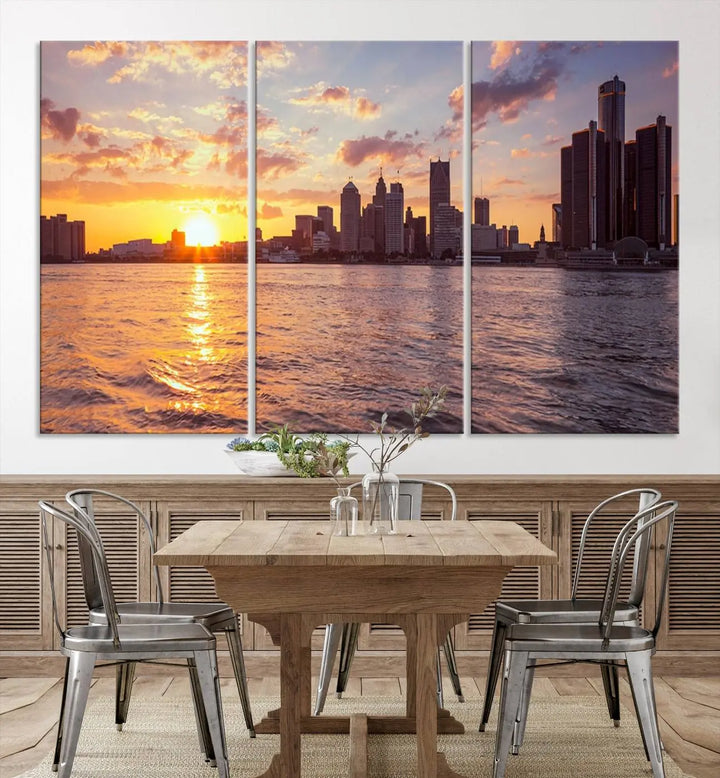 The Detroit City Sunset Skyline Cityscape View Wall Art Canvas Print, featuring a UV-protective coating, beautifully depicts a city skyline at sunset over a river. Enjoy free shipping on these museum-quality canvases, ideal for elevating your living space.