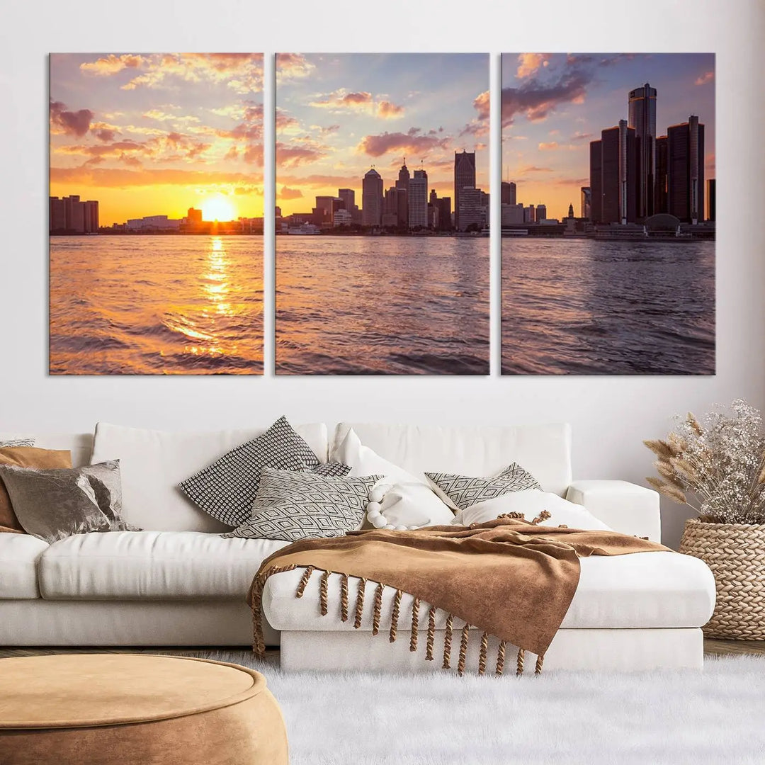 The Detroit City Sunset Skyline Cityscape View Wall Art Canvas Print, featuring a UV-protective coating, beautifully depicts a city skyline at sunset over a river. Enjoy free shipping on these museum-quality canvases, ideal for elevating your living space.