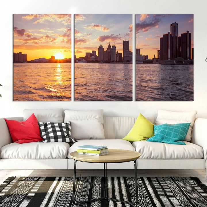 The Detroit City Sunset Skyline Cityscape View Wall Art Canvas Print, featuring a UV-protective coating, beautifully depicts a city skyline at sunset over a river. Enjoy free shipping on these museum-quality canvases, ideal for elevating your living space.