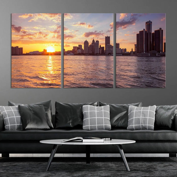 The Detroit City Sunset Skyline Cityscape View Wall Art Canvas Print, featuring a UV-protective coating, beautifully depicts a city skyline at sunset over a river. Enjoy free shipping on these museum-quality canvases, ideal for elevating your living space.