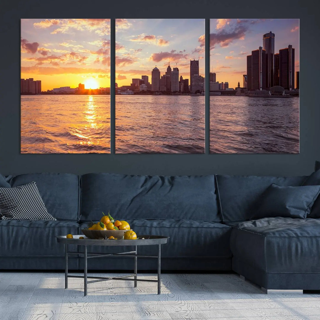 The Detroit City Sunset Skyline Cityscape View Wall Art Canvas Print, featuring a UV-protective coating, beautifully depicts a city skyline at sunset over a river. Enjoy free shipping on these museum-quality canvases, ideal for elevating your living space.