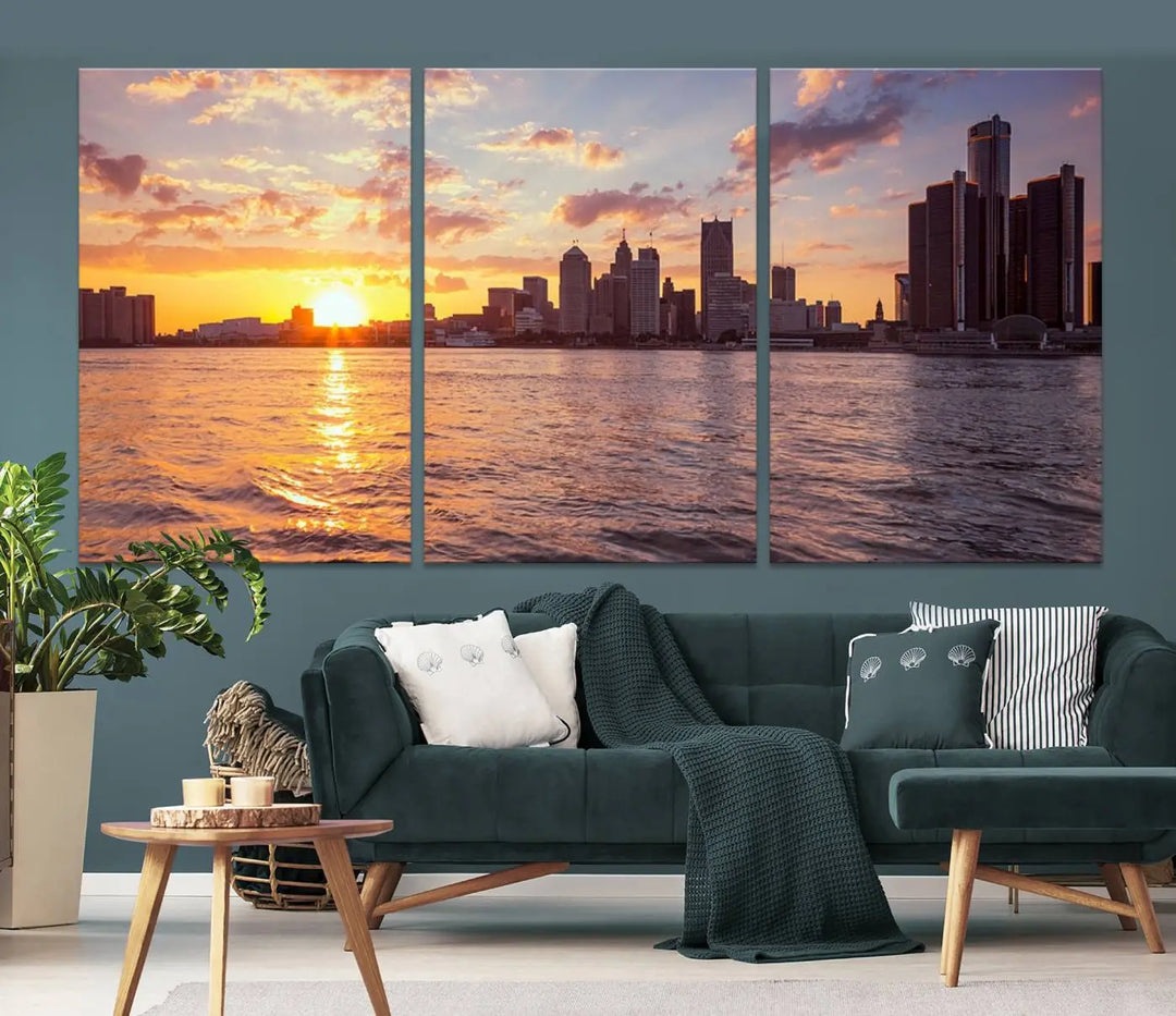 The Detroit City Sunset Skyline Cityscape View Wall Art Canvas Print, featuring a UV-protective coating, beautifully depicts a city skyline at sunset over a river. Enjoy free shipping on these museum-quality canvases, ideal for elevating your living space.