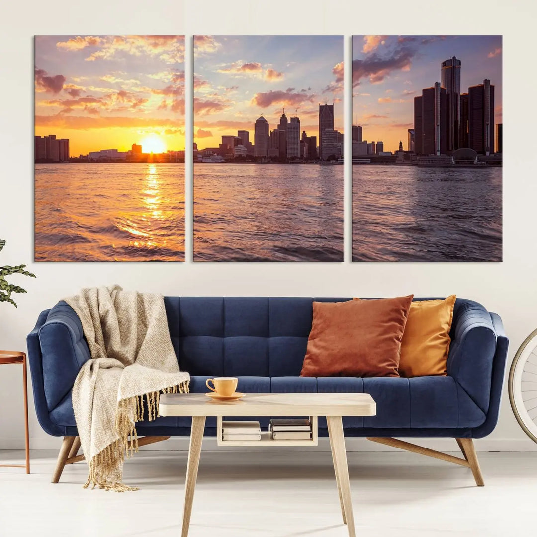 The Detroit City Sunset Skyline Cityscape View Wall Art Canvas Print, featuring a UV-protective coating, beautifully depicts a city skyline at sunset over a river. Enjoy free shipping on these museum-quality canvases, ideal for elevating your living space.