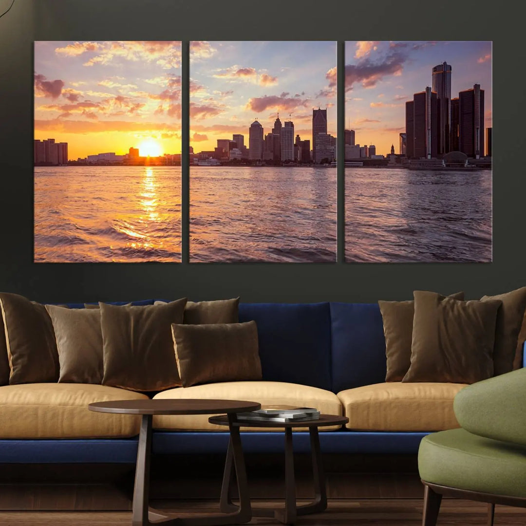 The Detroit City Sunset Skyline Cityscape View Wall Art Canvas Print, featuring a UV-protective coating, beautifully depicts a city skyline at sunset over a river. Enjoy free shipping on these museum-quality canvases, ideal for elevating your living space.