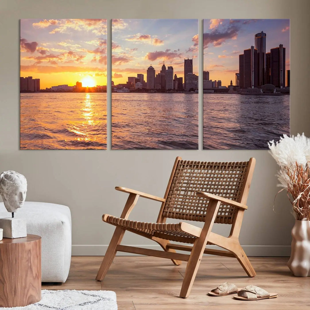 The Detroit City Sunset Skyline Cityscape View Wall Art Canvas Print, featuring a UV-protective coating, beautifully depicts a city skyline at sunset over a river. Enjoy free shipping on these museum-quality canvases, ideal for elevating your living space.