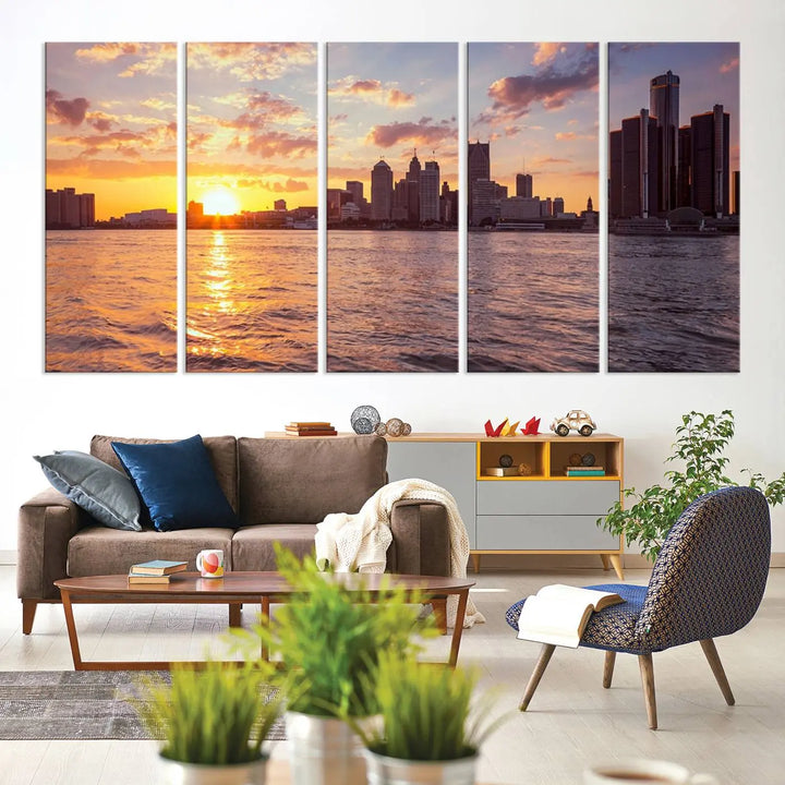 The Detroit City Sunset Skyline Cityscape View Wall Art Canvas Print, featuring a UV-protective coating, beautifully depicts a city skyline at sunset over a river. Enjoy free shipping on these museum-quality canvases, ideal for elevating your living space.