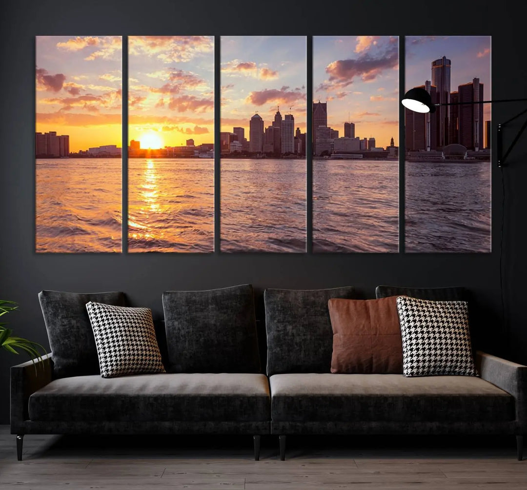 The Detroit City Sunset Skyline Cityscape View Wall Art Canvas Print, featuring a UV-protective coating, beautifully depicts a city skyline at sunset over a river. Enjoy free shipping on these museum-quality canvases, ideal for elevating your living space.