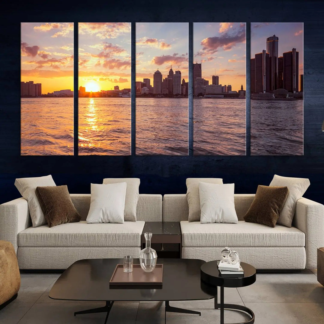 The Detroit City Sunset Skyline Cityscape View Wall Art Canvas Print, featuring a UV-protective coating, beautifully depicts a city skyline at sunset over a river. Enjoy free shipping on these museum-quality canvases, ideal for elevating your living space.