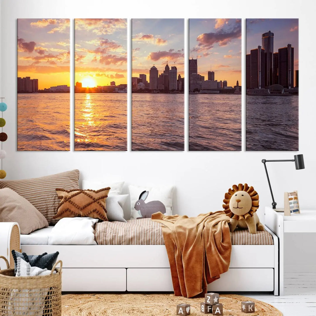 The Detroit City Sunset Skyline Cityscape View Wall Art Canvas Print, featuring a UV-protective coating, beautifully depicts a city skyline at sunset over a river. Enjoy free shipping on these museum-quality canvases, ideal for elevating your living space.