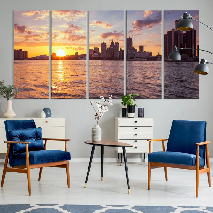 The Detroit City Sunset Skyline Cityscape View Wall Art Canvas Print, featuring a UV-protective coating, beautifully depicts a city skyline at sunset over a river. Enjoy free shipping on these museum-quality canvases, ideal for elevating your living space.