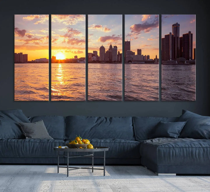 The Detroit City Sunset Skyline Cityscape View Wall Art Canvas Print, featuring a UV-protective coating, beautifully depicts a city skyline at sunset over a river. Enjoy free shipping on these museum-quality canvases, ideal for elevating your living space.