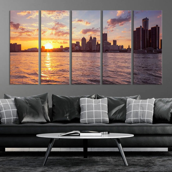 The Detroit City Sunset Skyline Cityscape View Wall Art Canvas Print, featuring a UV-protective coating, beautifully depicts a city skyline at sunset over a river. Enjoy free shipping on these museum-quality canvases, ideal for elevating your living space.