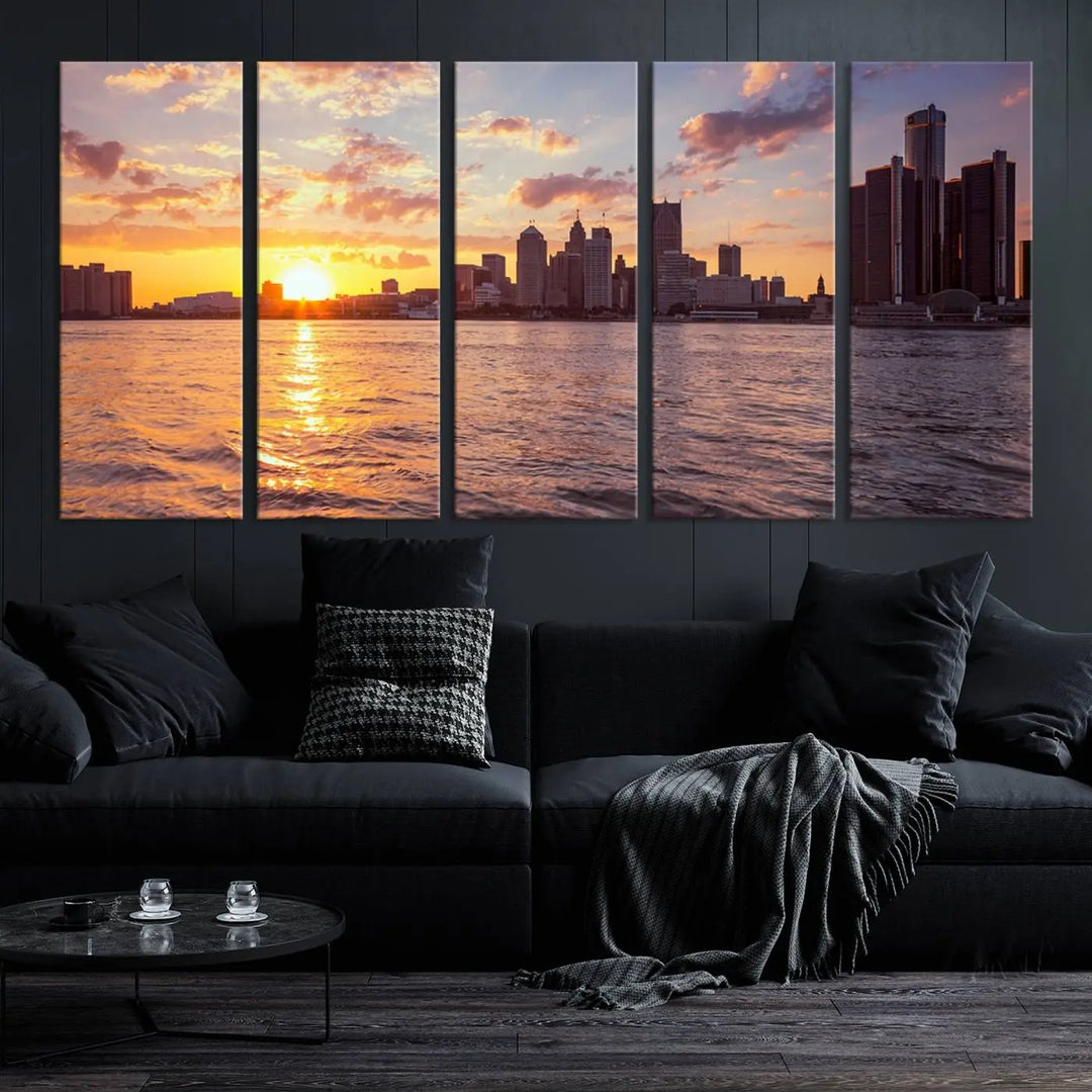 The Detroit City Sunset Skyline Cityscape View Wall Art Canvas Print, featuring a UV-protective coating, beautifully depicts a city skyline at sunset over a river. Enjoy free shipping on these museum-quality canvases, ideal for elevating your living space.