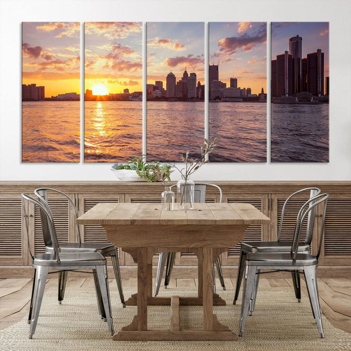 The Detroit City Sunset Skyline Cityscape View Wall Art Canvas Print, featuring a UV-protective coating, beautifully depicts a city skyline at sunset over a river. Enjoy free shipping on these museum-quality canvases, ideal for elevating your living space.