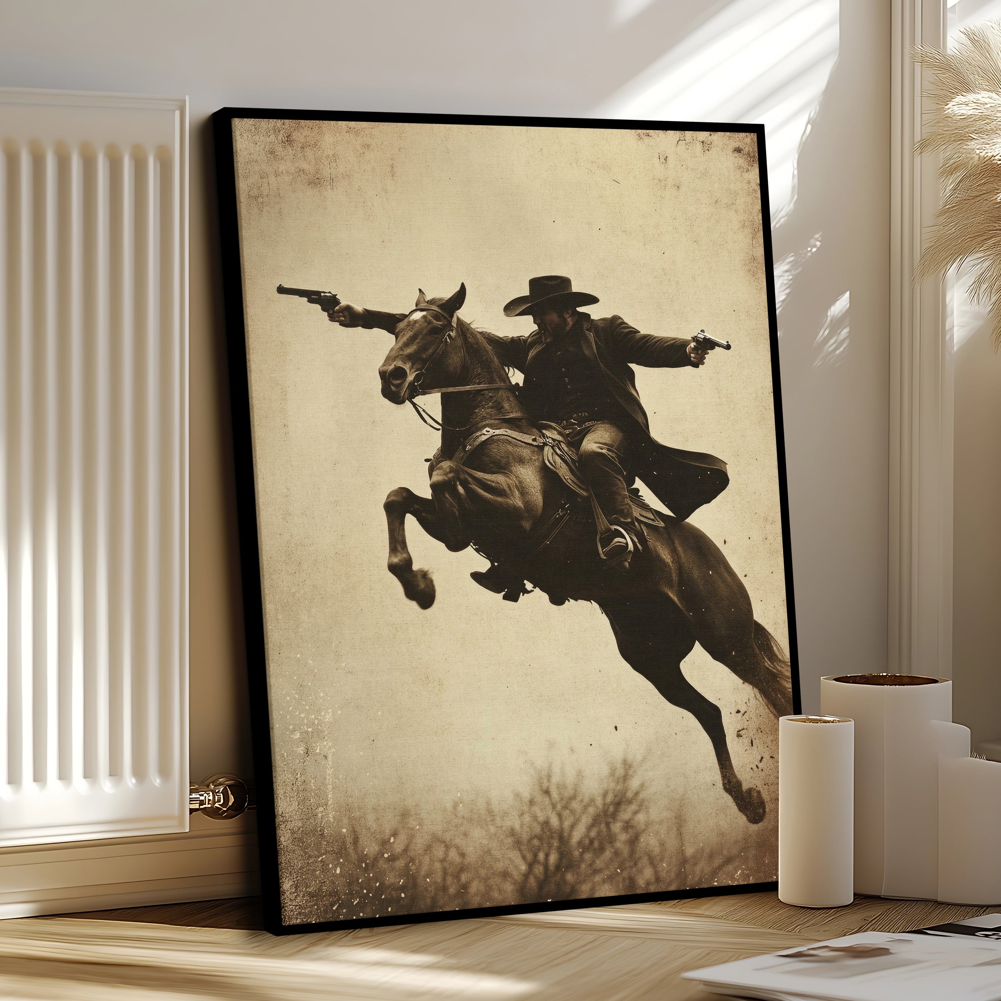 Framed artwork of a cowboy on horseback in a room with decor elements.