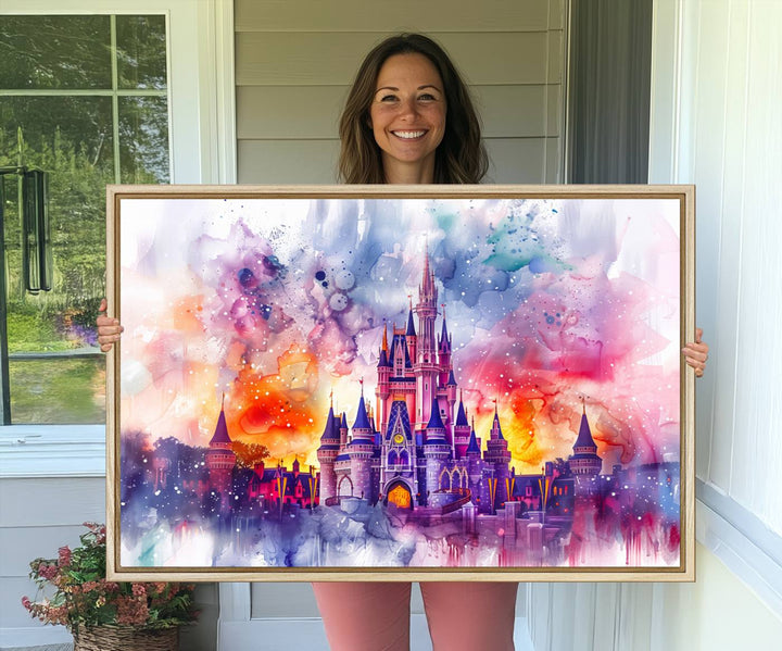 24602-MGV-CV-36X24-Disney Wall Art, Cinderella Castle Disney Print Wall Art, Kids Art, Disneyland Poster, watercolor art paintings on canvas