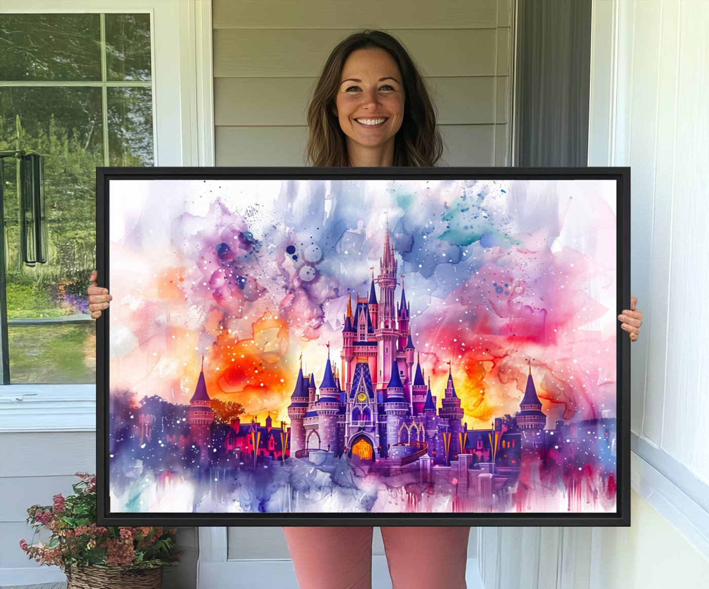 24602-MGV-CV-36X24-Disney Wall Art, Cinderella Castle Disney Print Wall Art, Kids Art, Disneyland Poster, watercolor art paintings on canvas