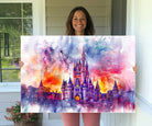 24602-MGV-CV-36X24-Disney Wall Art, Cinderella Castle Disney Print Wall Art, Kids Art, Disneyland Poster, watercolor art paintings on canvas