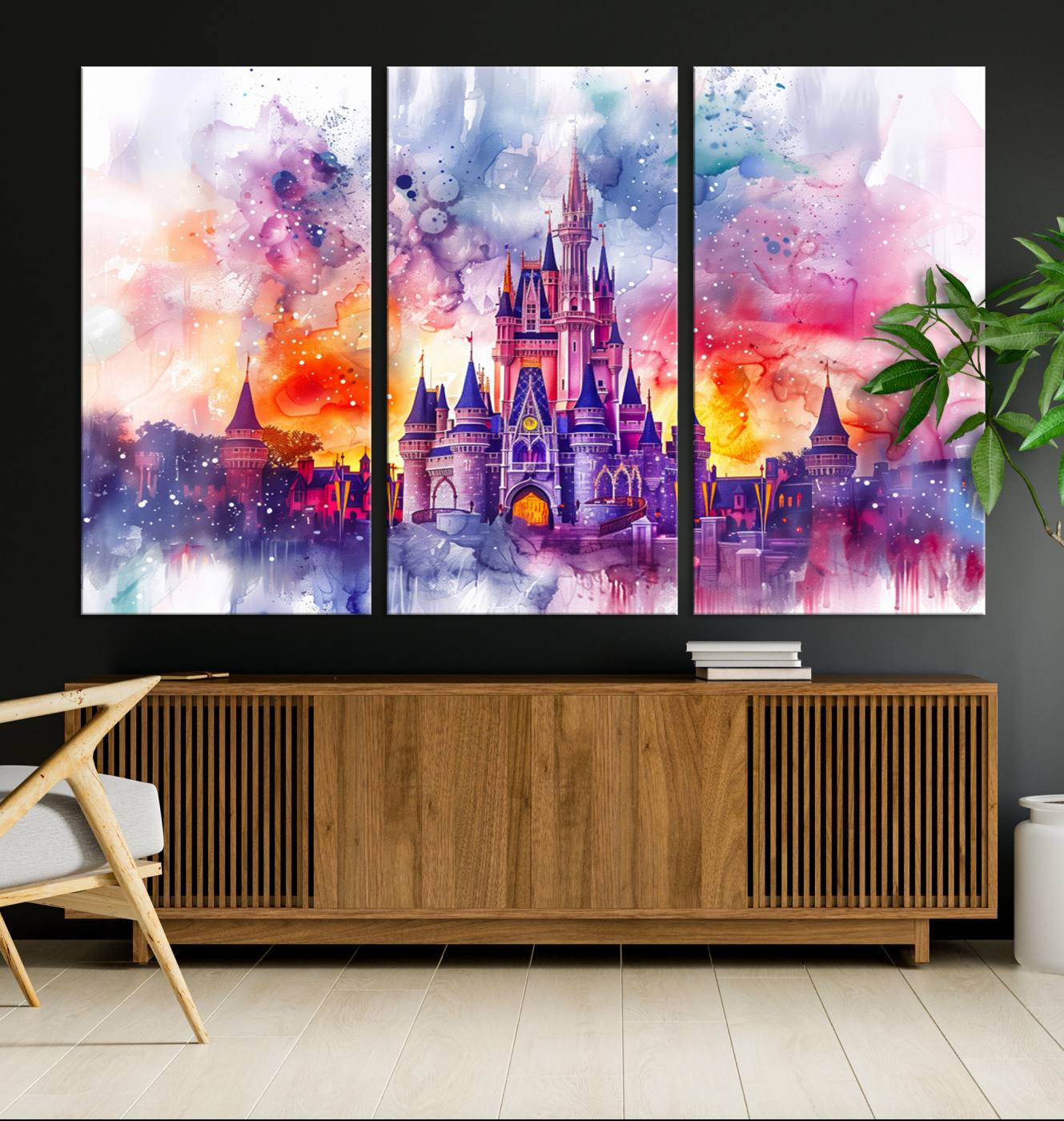 24602-MGV-CV-36X24-Disney Wall Art, Cinderella Castle Disney Print Wall Art, Kids Art, Disneyland Poster, watercolor art paintings on canvas