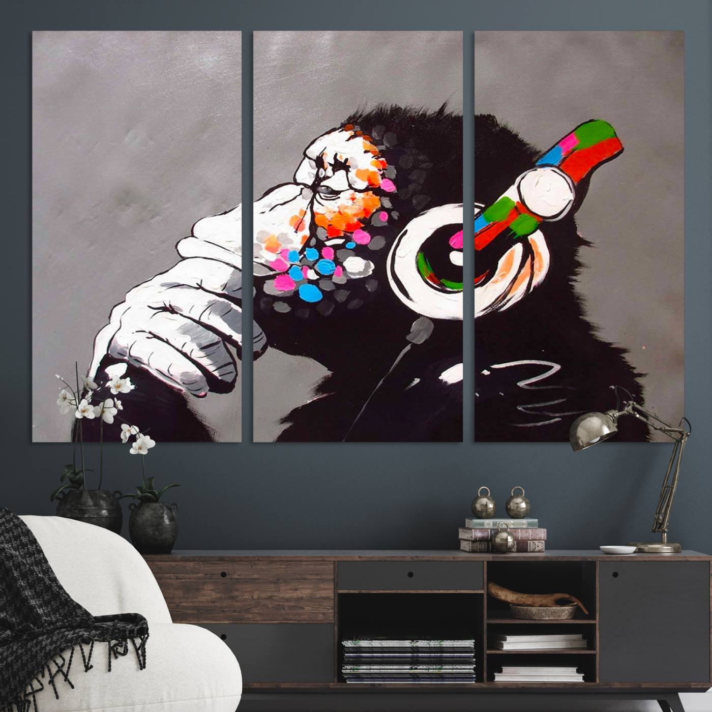Dj Monkey Listening to Music Wall Art Print | Banksy Monkey Large Canvas Print for Living Room, Office, or Lounge | Colorful Modern Pop Art