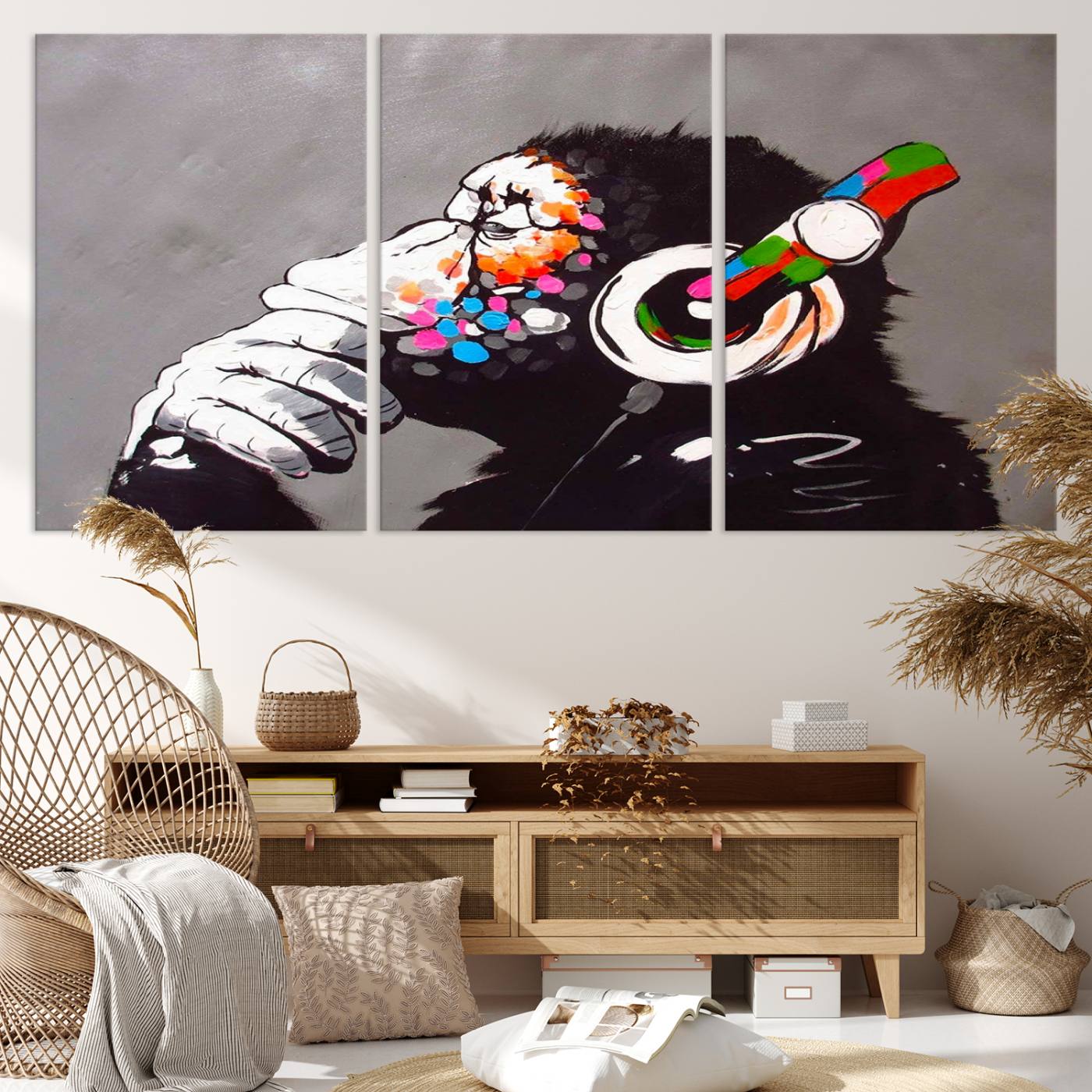 56887-MGV-CV-36X24-Dj Monkey Listening to Music Wall Art Print | Banksy Monkey Large Canvas Print for Living Room, Office, or Lounge | Colorful Modern Pop Art