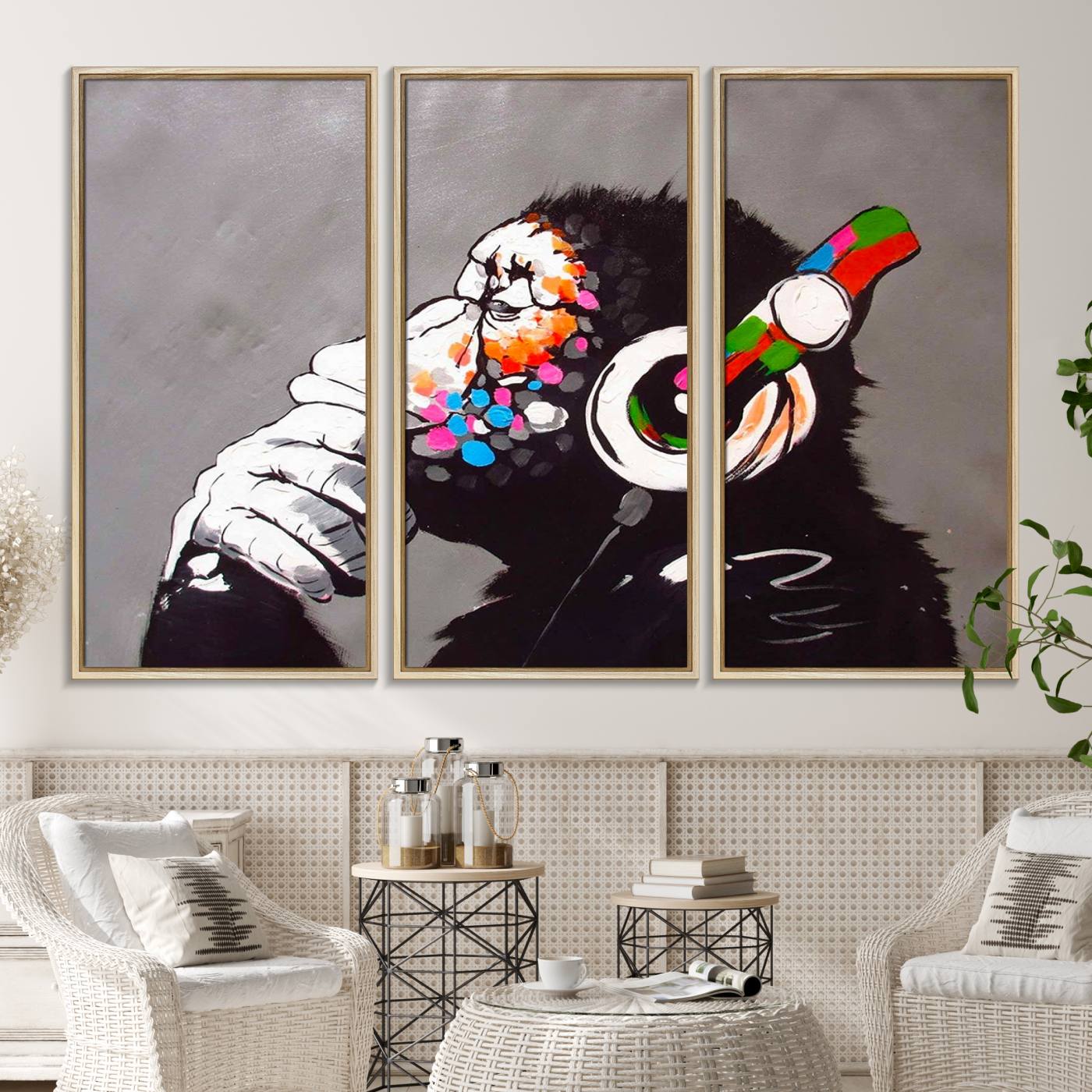 56887-MGV-CV-36X24-Dj Monkey Listening to Music Wall Art Print | Banksy Monkey Large Canvas Print for Living Room, Office, or Lounge | Colorful Modern Pop Art