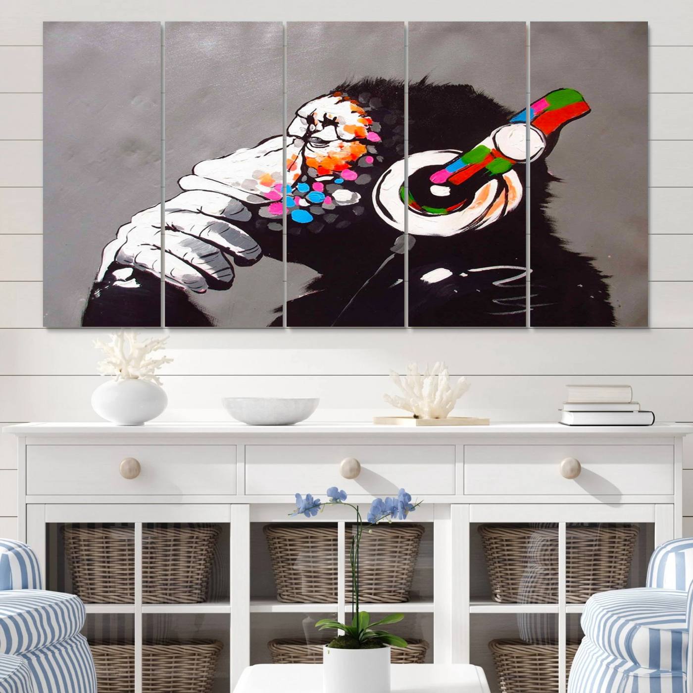 56887-MGV-CV-60X31-5P-Dj Monkey Listening to Music Wall Art Print | Banksy Monkey Large Canvas Print for Living Room, Office, or Lounge | Colorful Modern Pop Art