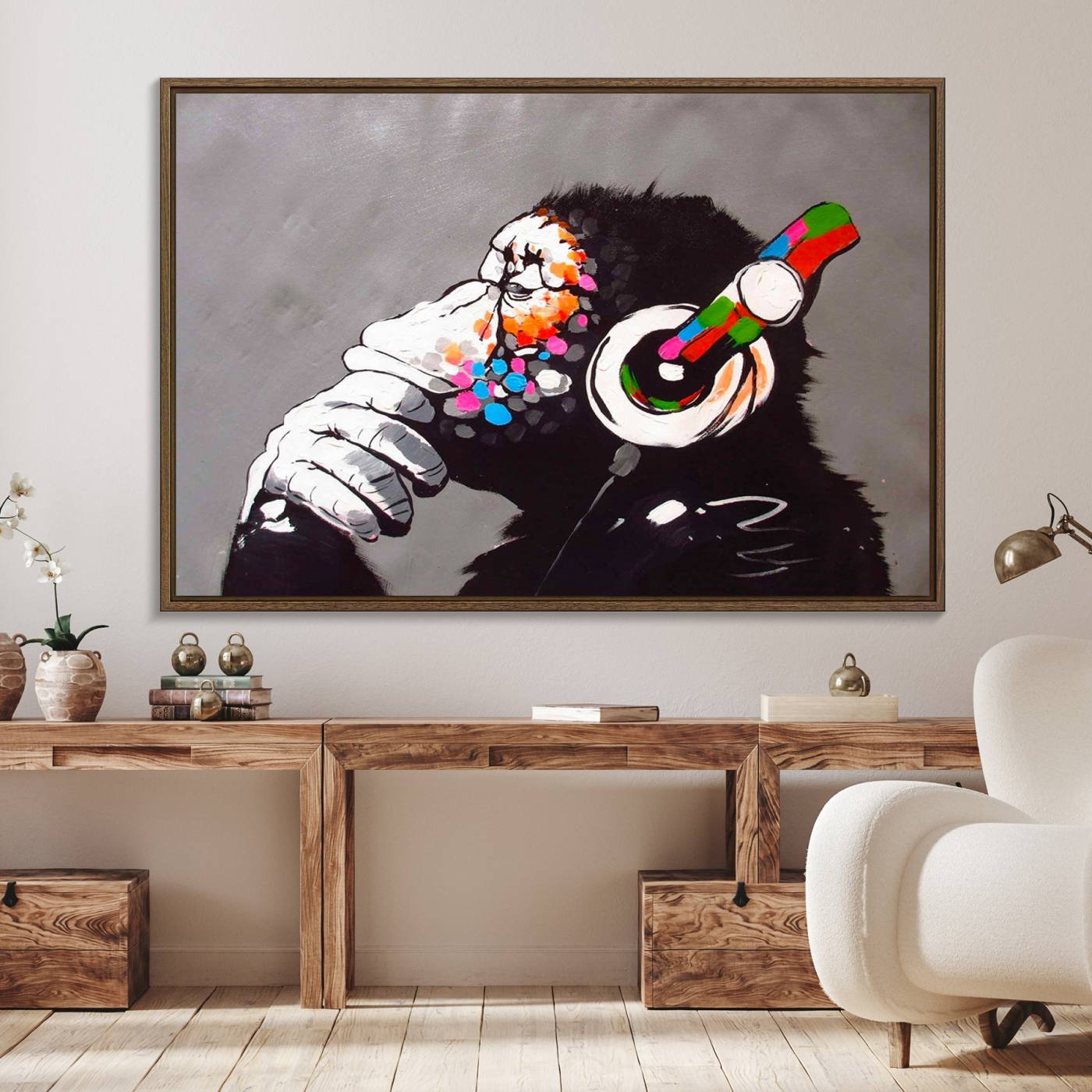 56887-MGV-FC-36X24_Walnut-Dj Monkey Listening to Music Wall Art Print | Banksy Monkey Large Canvas Print for Living Room, Office, or Lounge | Colorful Modern Pop Art