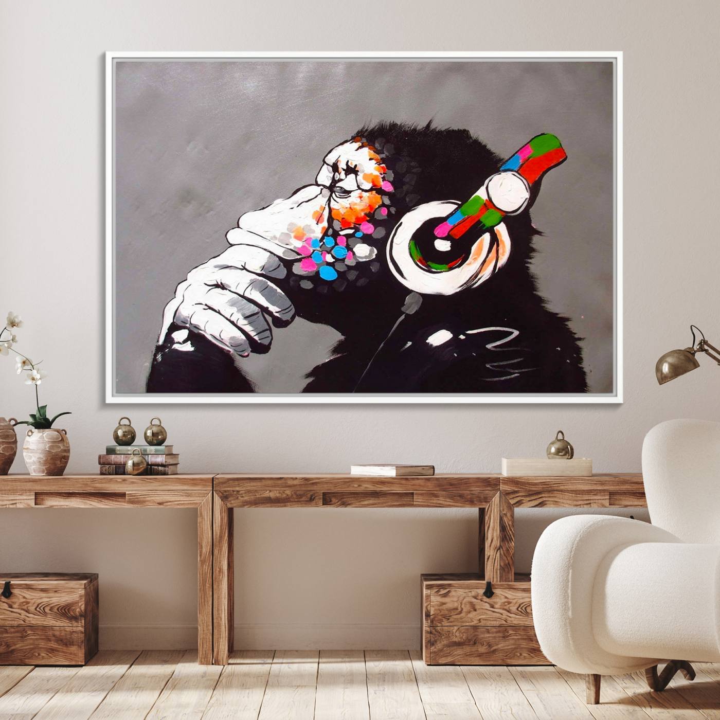 56887-MGV-FC-36X24_White-Dj Monkey Listening to Music Wall Art Print | Banksy Monkey Large Canvas Print for Living Room, Office, or Lounge | Colorful Modern Pop Art