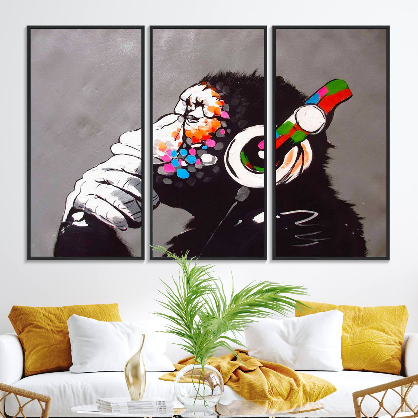56887-MGV-FC-48X32-3P_Black-Dj Monkey Listening to Music Wall Art Print | Banksy Monkey Large Canvas Print for Living Room, Office, or Lounge | Colorful Modern Pop Art