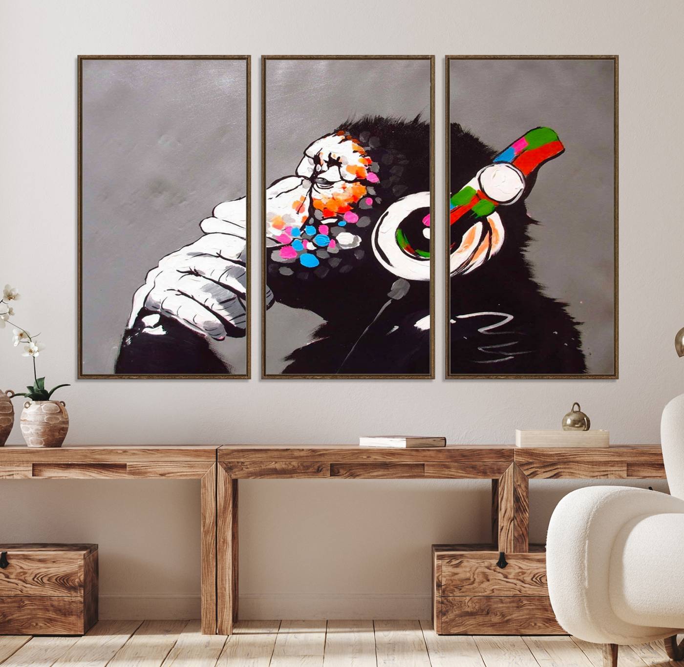 Dj Monkey Listening to Music Wall Art Print | Banksy Monkey