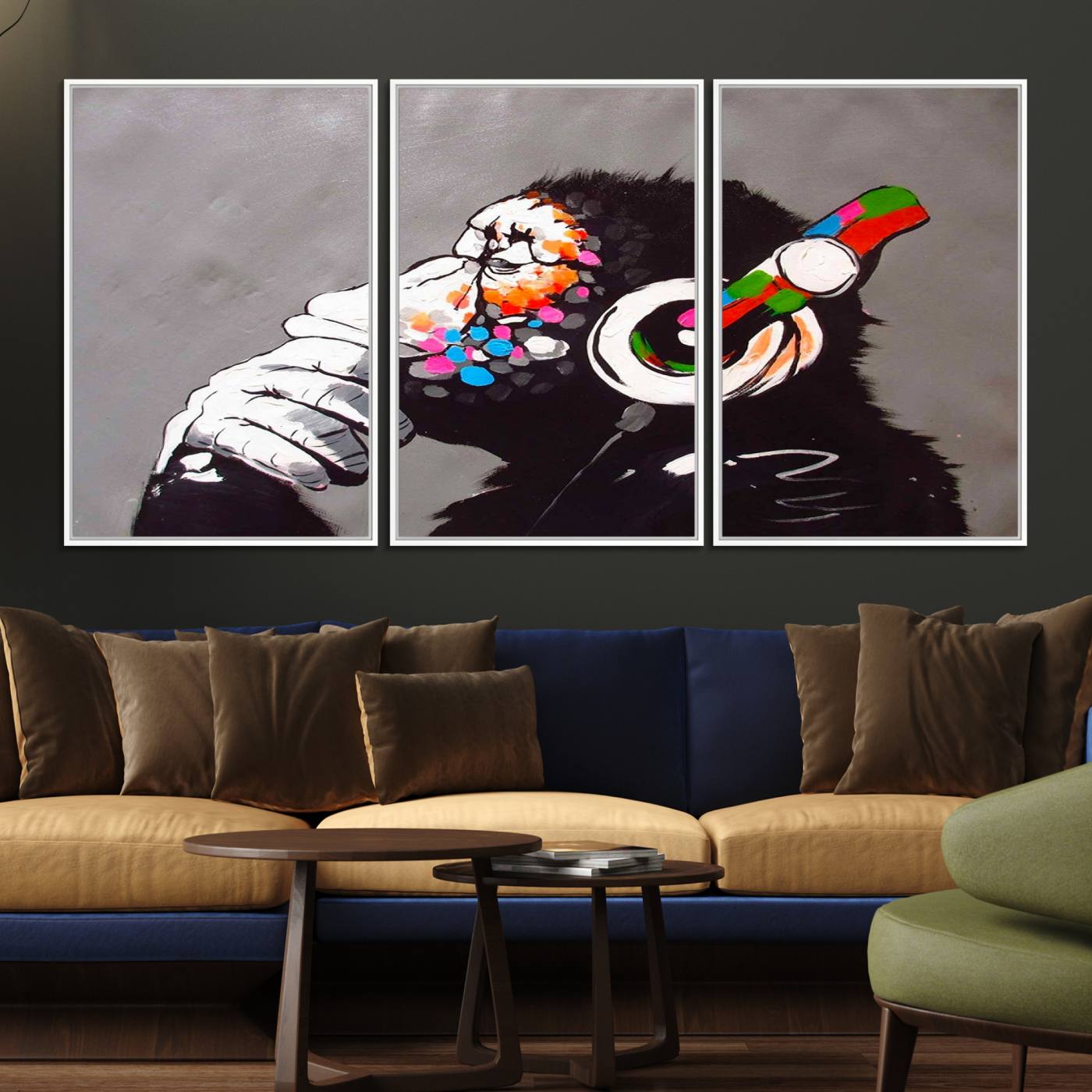 56887-MGV-FC-60X30-3P_White-Dj Monkey Listening to Music Wall Art Print | Banksy Monkey Large Canvas Print for Living Room, Office, or Lounge | Colorful Modern Pop Art