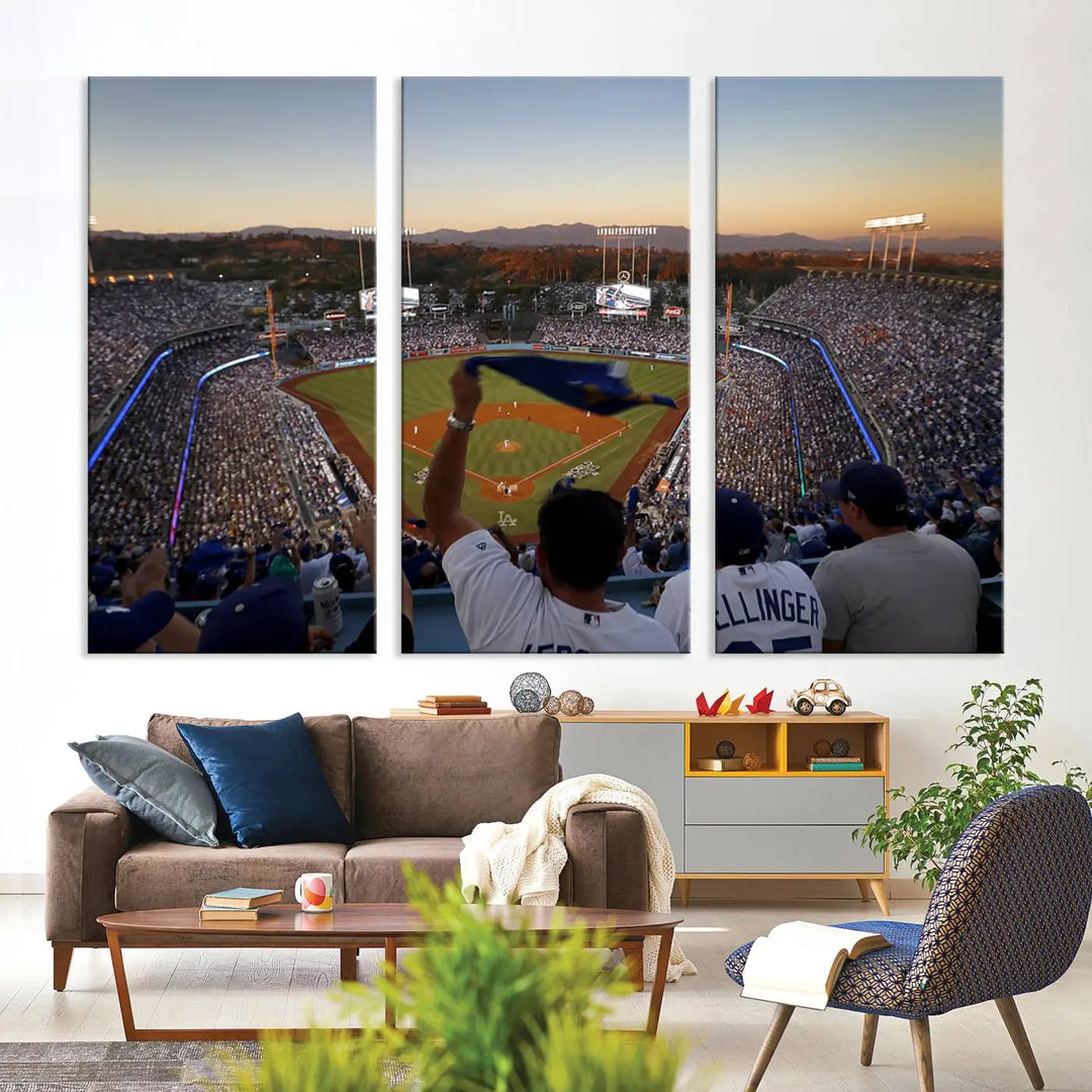 Experience the vibrant moment captured in the Dodger Stadium Sunset Game Triple Canvas Wall Art. This stunning three-panel piece showcases a breathtaking scene from a Los Angeles Dodgers MLB game during sunset, complete with cheering fans in the background.