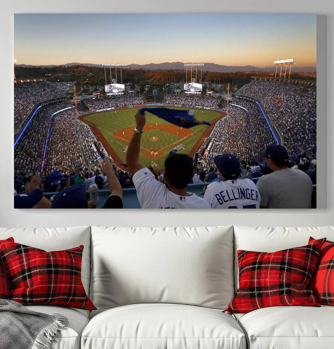 Experience the vibrant moment captured in the Dodger Stadium Sunset Game Triple Canvas Wall Art. This stunning three-panel piece showcases a breathtaking scene from a Los Angeles Dodgers MLB game during sunset, complete with cheering fans in the background.