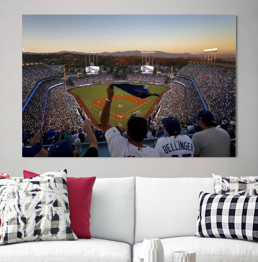 Experience the vibrant moment captured in the Dodger Stadium Sunset Game Triple Canvas Wall Art. This stunning three-panel piece showcases a breathtaking scene from a Los Angeles Dodgers MLB game during sunset, complete with cheering fans in the background.