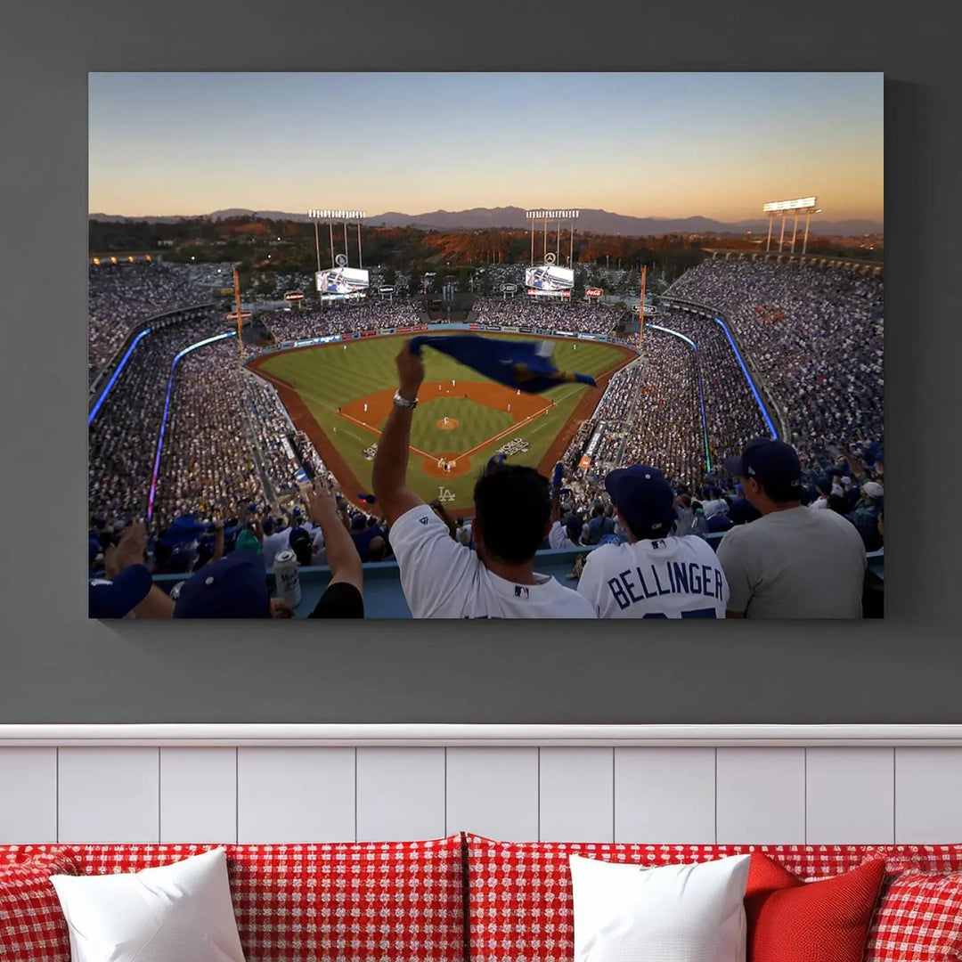 Experience the vibrant moment captured in the Dodger Stadium Sunset Game Triple Canvas Wall Art. This stunning three-panel piece showcases a breathtaking scene from a Los Angeles Dodgers MLB game during sunset, complete with cheering fans in the background.