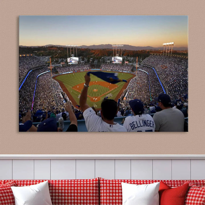 Experience the vibrant moment captured in the Dodger Stadium Sunset Game Triple Canvas Wall Art. This stunning three-panel piece showcases a breathtaking scene from a Los Angeles Dodgers MLB game during sunset, complete with cheering fans in the background.