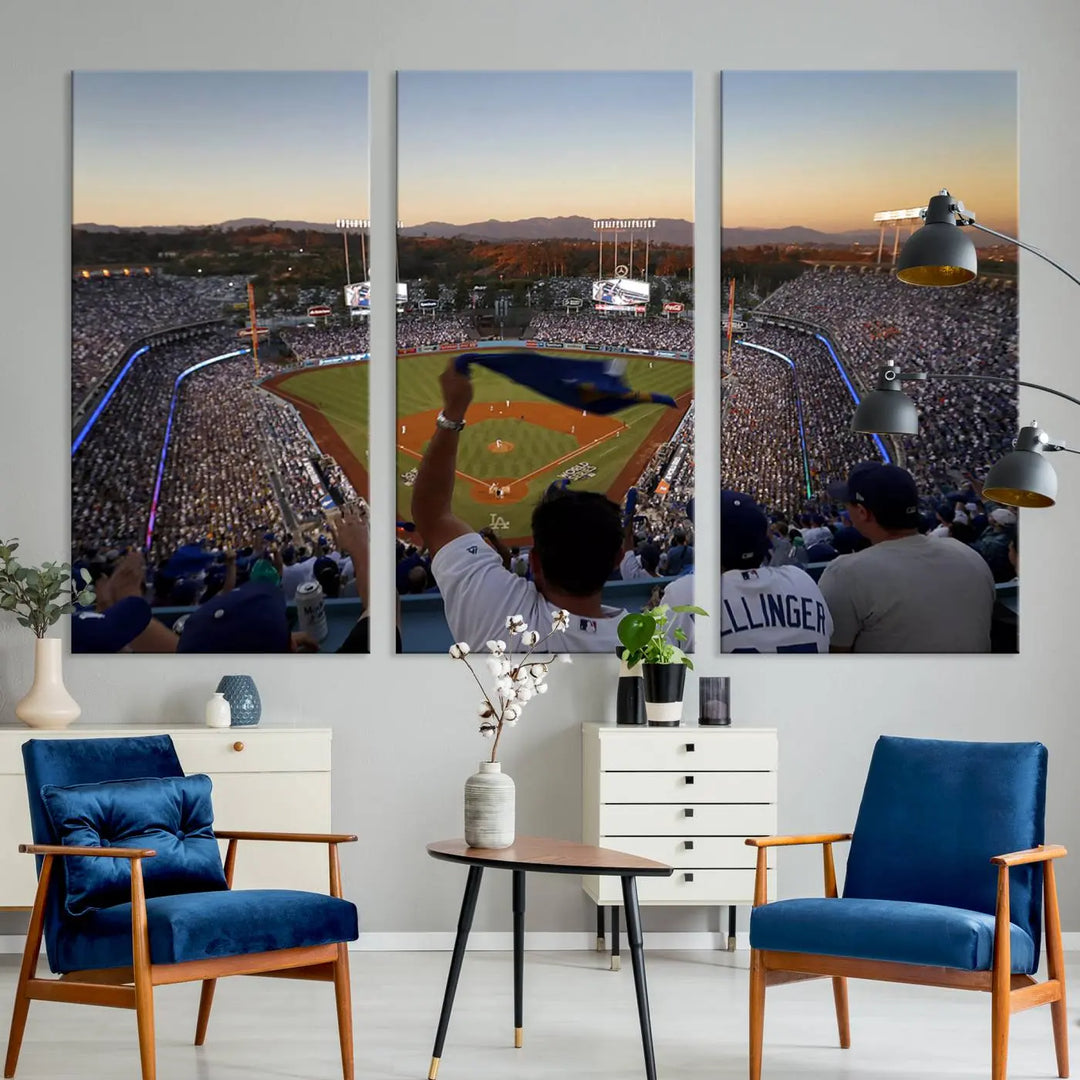 Experience the vibrant moment captured in the Dodger Stadium Sunset Game Triple Canvas Wall Art. This stunning three-panel piece showcases a breathtaking scene from a Los Angeles Dodgers MLB game during sunset, complete with cheering fans in the background.