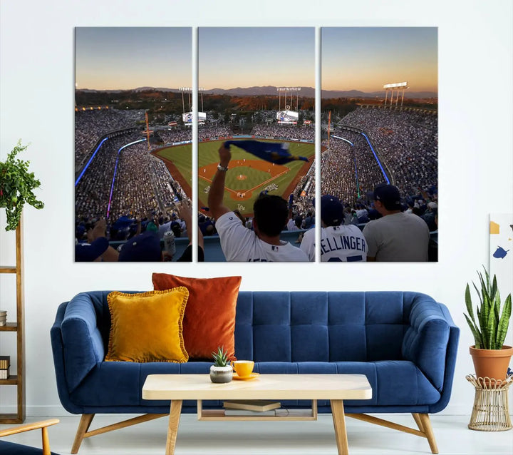 Experience the vibrant moment captured in the Dodger Stadium Sunset Game Triple Canvas Wall Art. This stunning three-panel piece showcases a breathtaking scene from a Los Angeles Dodgers MLB game during sunset, complete with cheering fans in the background.